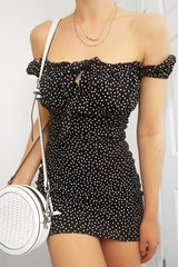 Black Polka Dot Bow Detail Milkmaid Mini Dress - Galena-Dresses