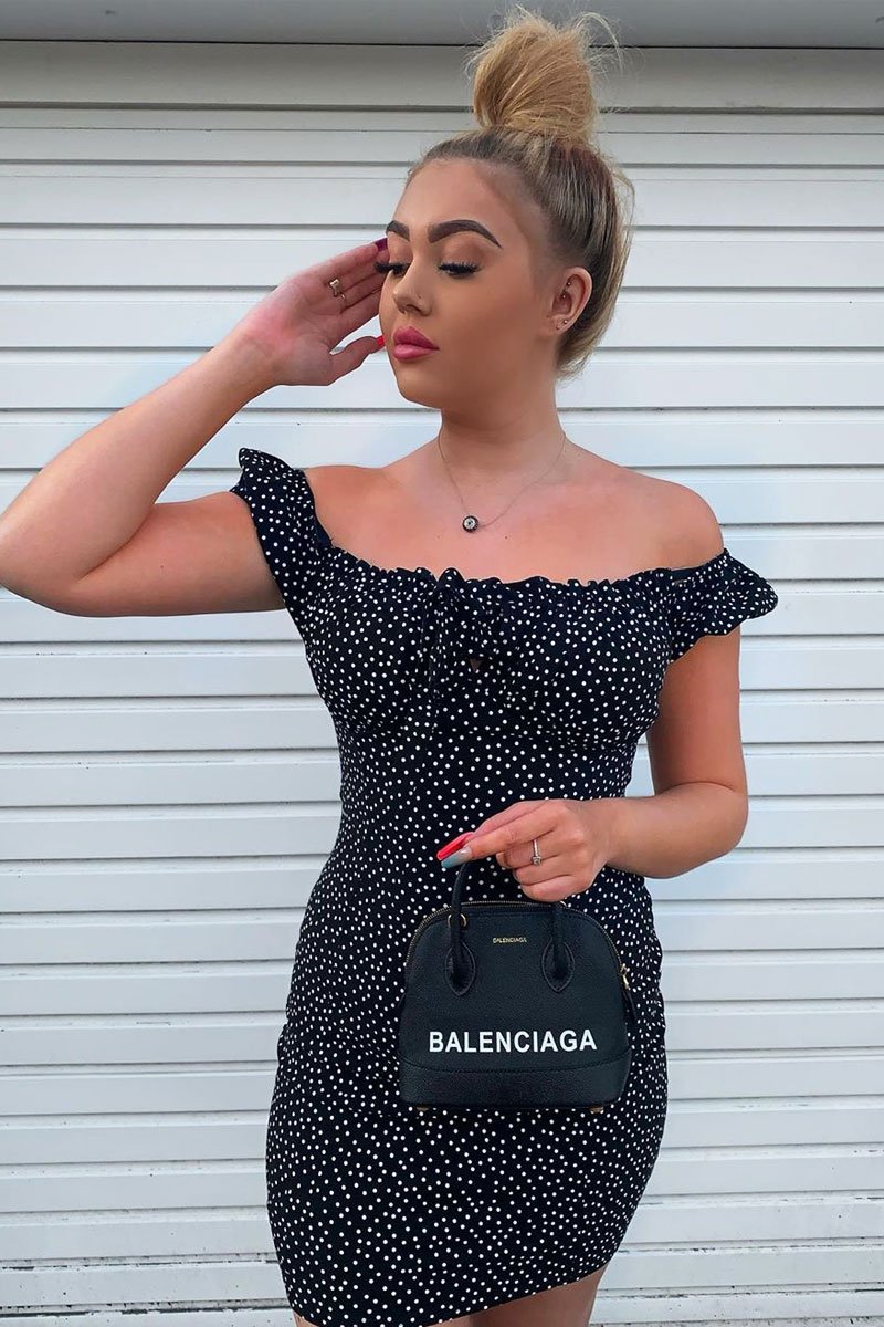 Black Polka Dot Bow Detail Milkmaid Mini Dress - Galena-Dresses