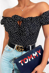 Black Polka Dot Bow Front Milkmaid Crop Top - Talaya-Crop Tops
