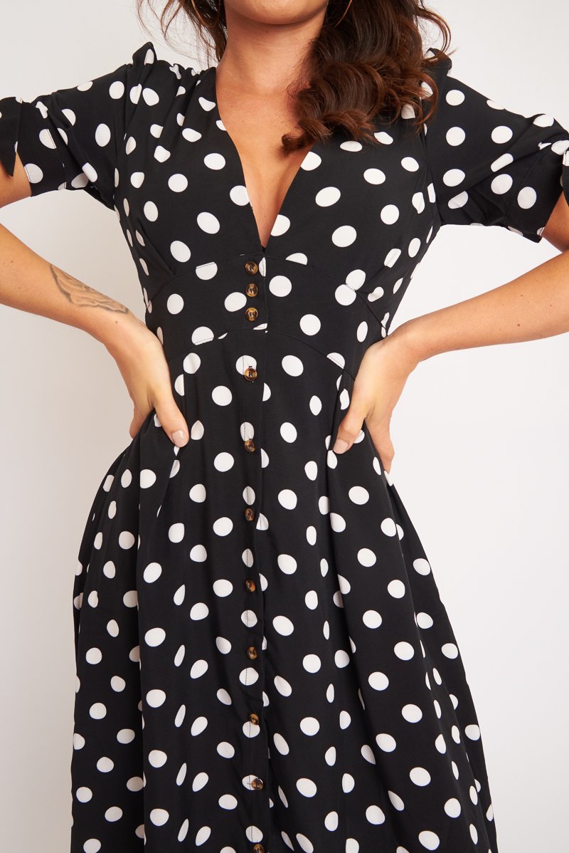 Black Polka Dot Button Front Midi Dress - Prima Rebellious Fashion Black Polka Dot Button Front Midi Dress - Prima Rebellious Fashion