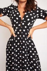 Black Polka Dot Button Front Midi Dress - Prima-Dresses