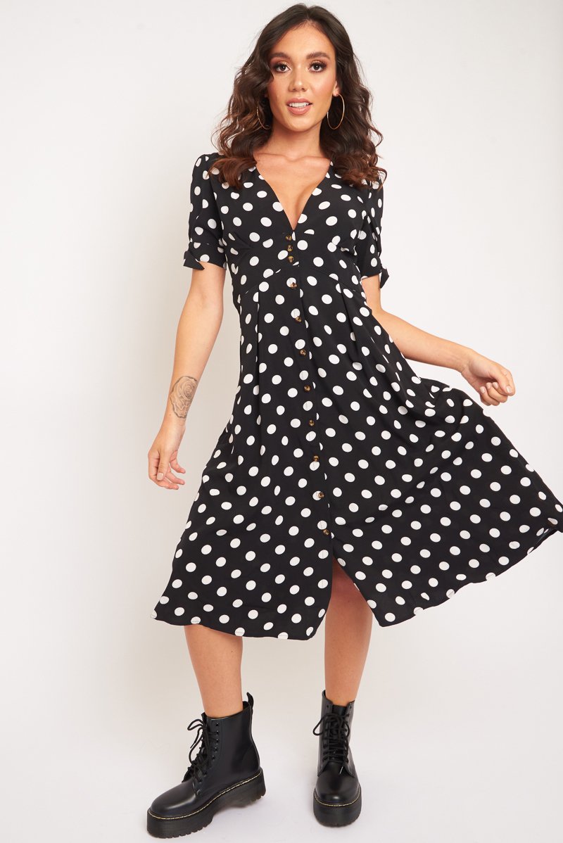 Black Polka Dot Button Front Midi Dress - Prima-Dresses