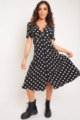 Black Polka Dot Button Front Midi Dress - Prima-Dresses