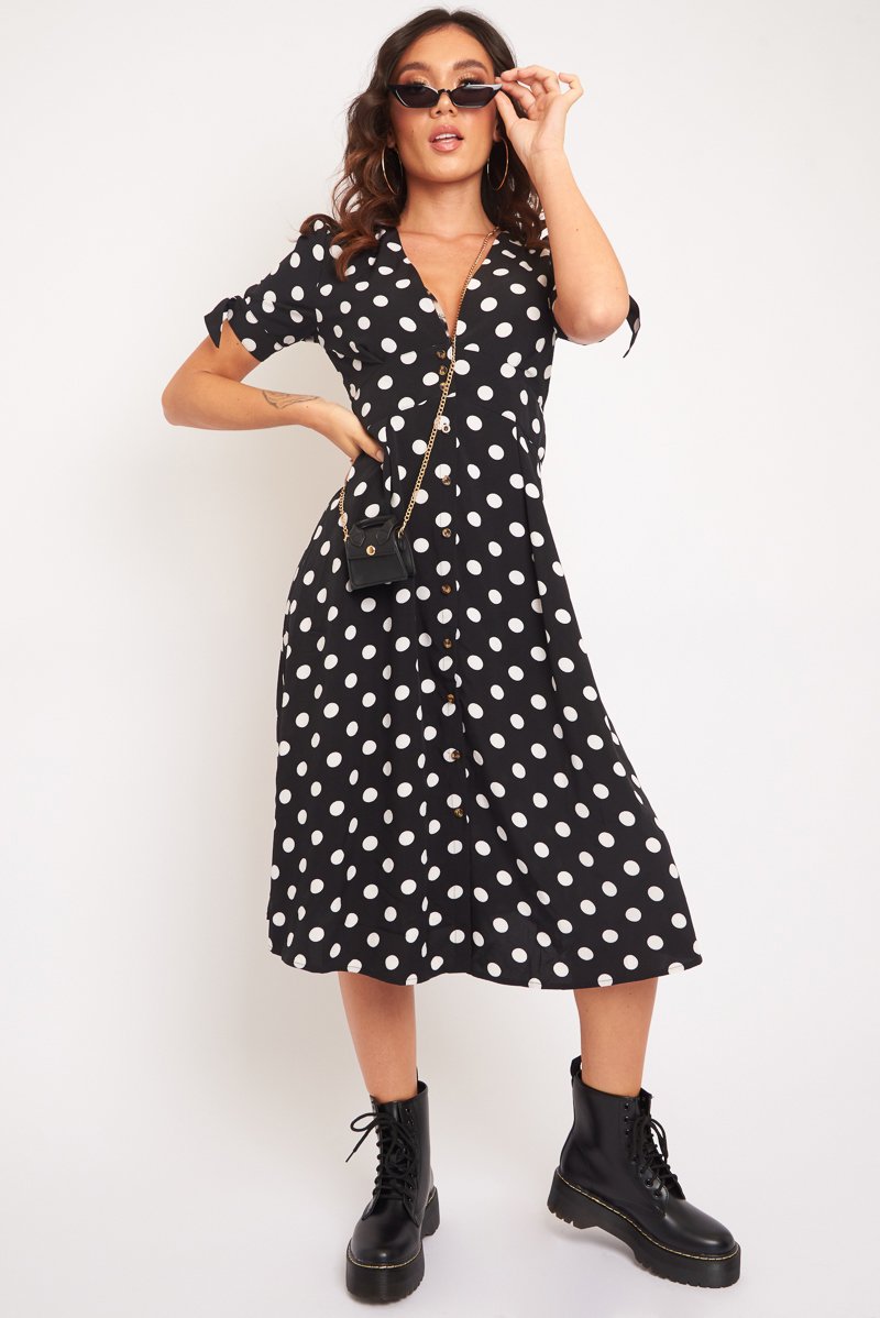 Black Polka Dot Button Front Midi Dress - Prima-Dresses