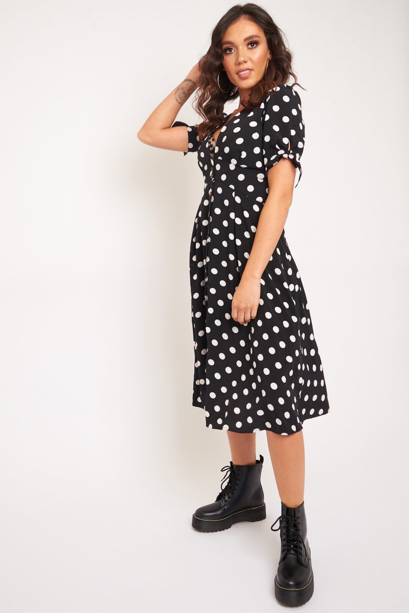 Black Polka Dot Button Front Midi Dress - Prima-Dresses