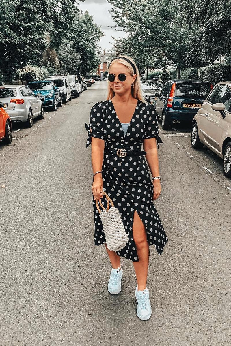 Black Polka Dot Button Front Midi Dress
