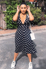 Black Polka Dot Button Front Midi Dress - Prima-Dresses