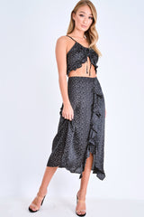 Black Polka Dot Cami Frill Crop Top And Frill Midi Skirt - Jannie-Co-ords