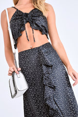 Black Polka Dot Cami Frill Crop Top And Frill Midi Skirt - Jannie-Co-ords