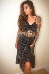 Black Polka Dot Cami Frill Crop Top And Frill Midi Skirt - Jannie-Co-ords