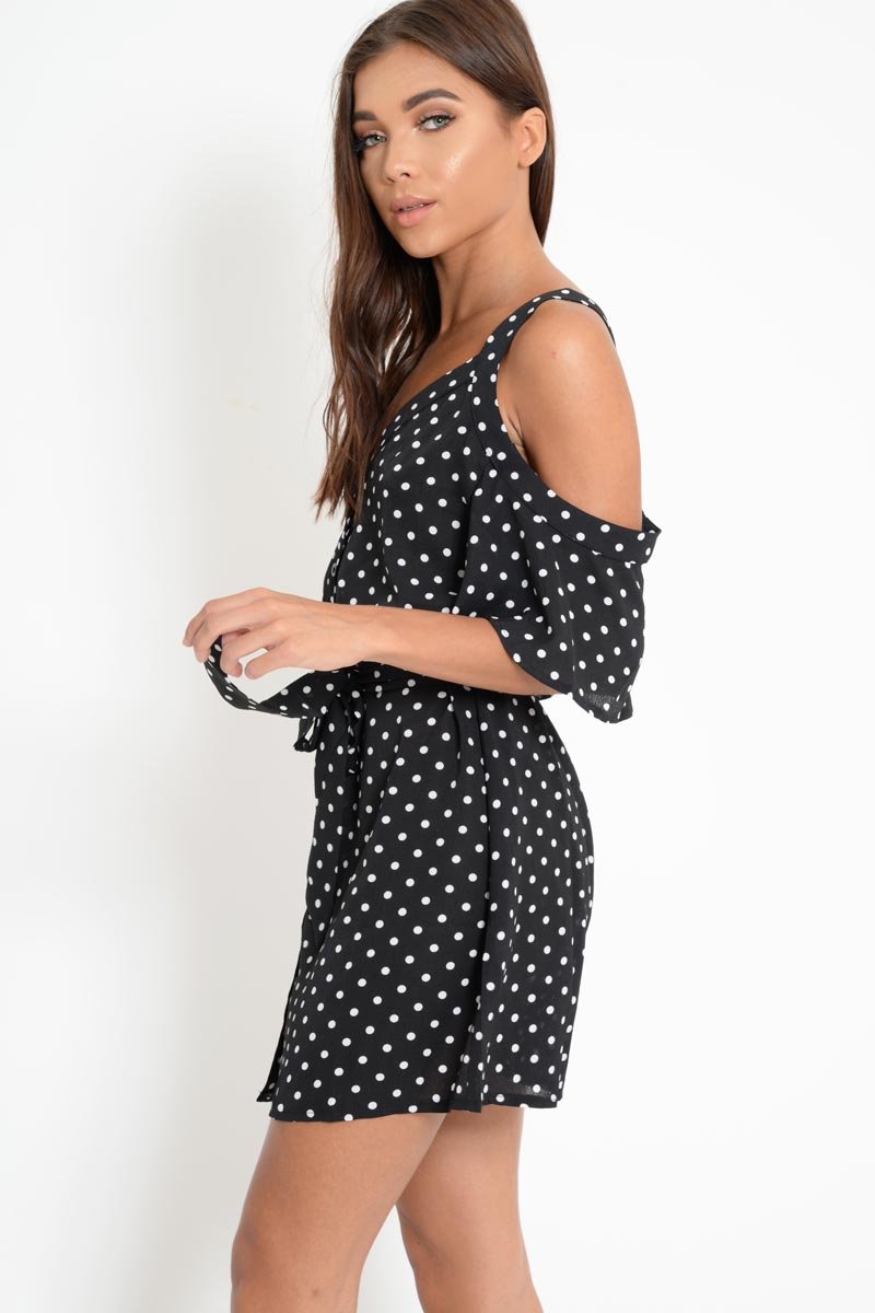 Black Polka Dot Cold Shoulder Dress - Sarabella-Dresses