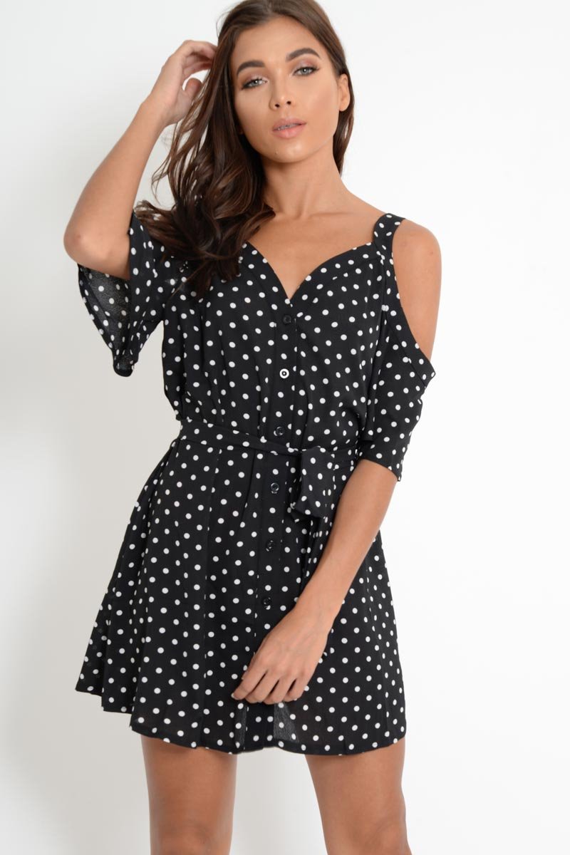 Black Polka Dot Cold Shoulder Dress - Sarabella-Dresses