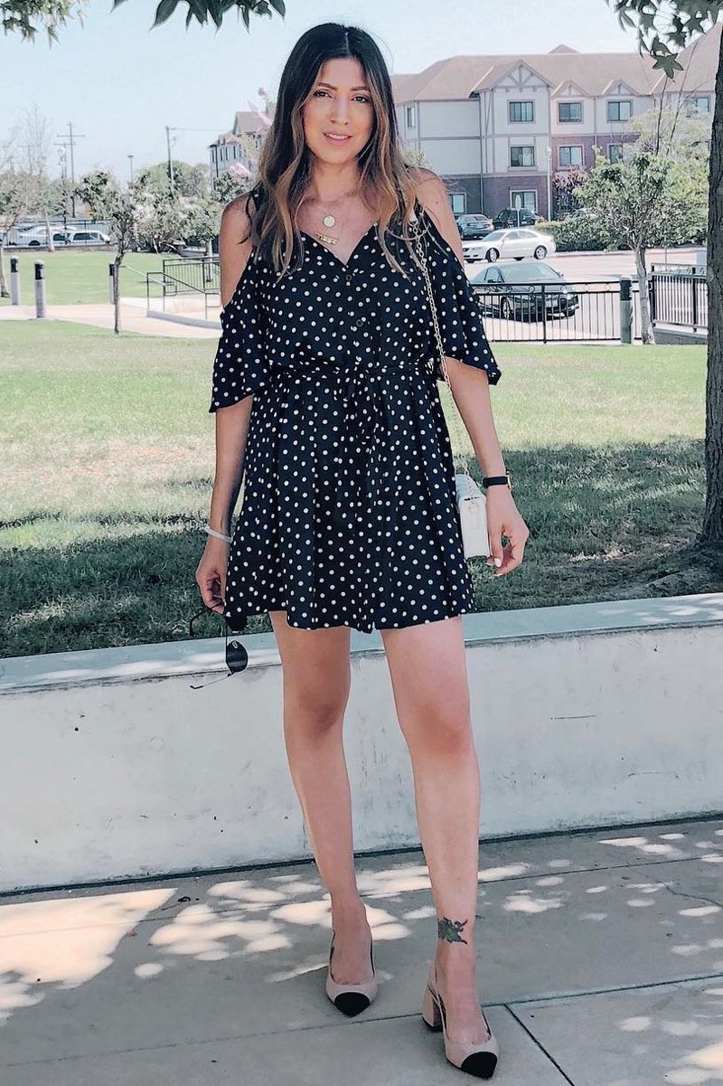 Black Polka Dot Cold Shoulder Dress - Sarabella-Dresses