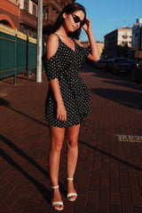 Black Polka Dot Cold Shoulder Dress - Sarabella-Dresses