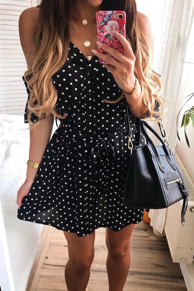 Black Polka Dot Cold Shoulder Dress - Sarabella-Dresses