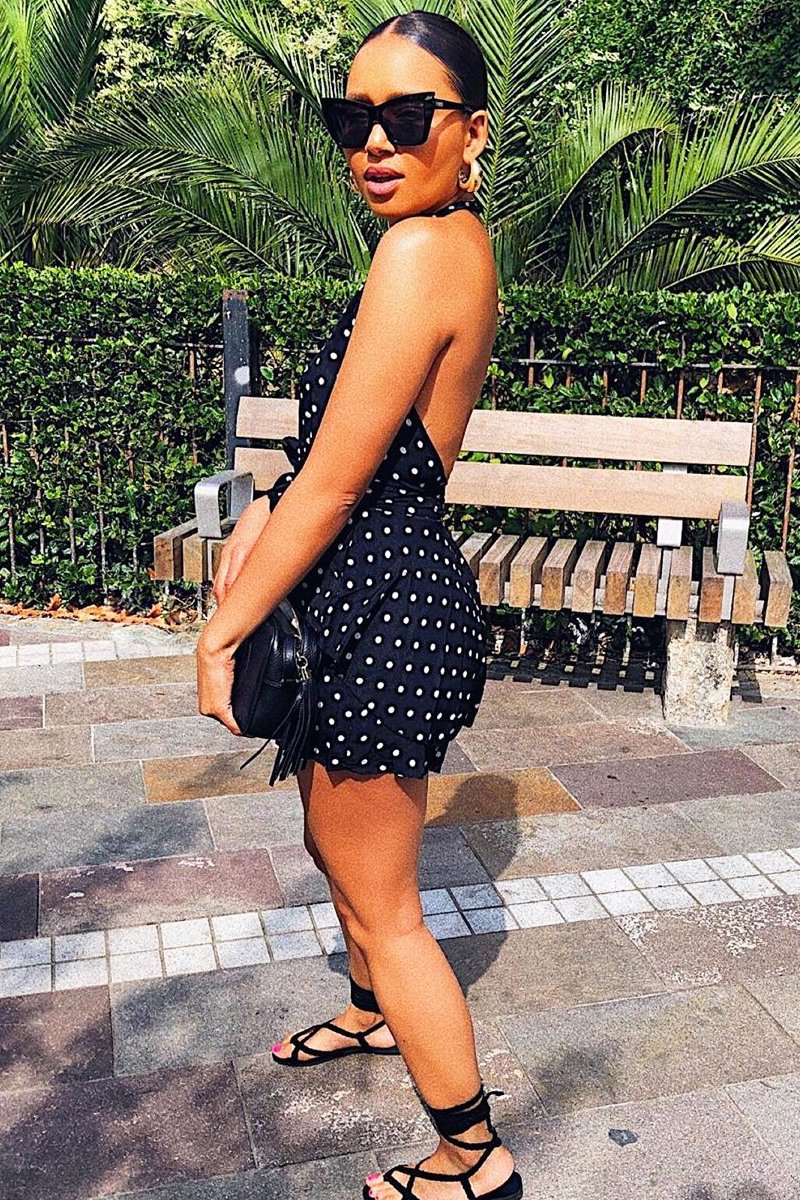 Black Polka Dot Halter Neck Ruffle Playsuit - Kallee-Playsuits