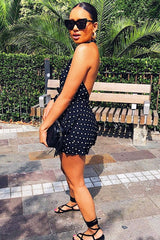 Black Polka Dot Halter Neck Ruffle Playsuit - Kallee-Playsuits