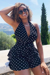 Black Polka Dot Halter Neck Ruffle Playsuit - Kallee-Playsuits