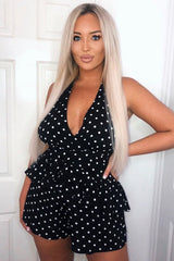 Black Polka Dot Halter Neck Ruffle Playsuit - Kallee-Playsuits