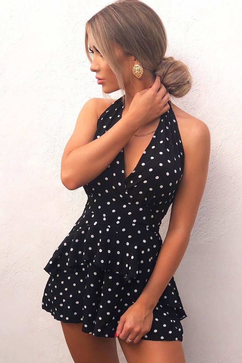 Black Polka Dot Halter Neck Ruffle Playsuit - Kallee-Playsuits