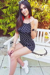 Black Polka Dot Halterneck Frill Playsuit - Tilly-Playsuits