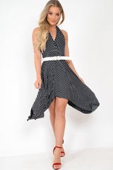 Black Polka Dot Halterneck Tiered Hem Dress - Cailie-Dresses