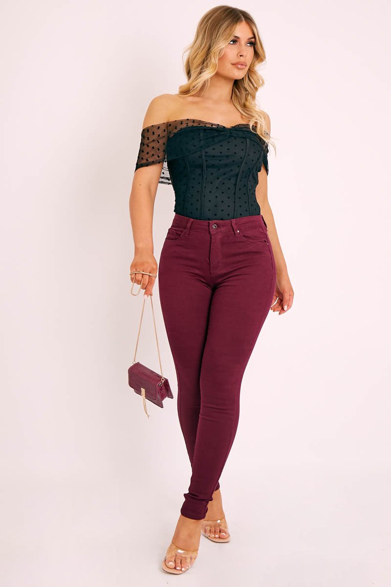 Black Polka Dot Mesh Bardot Bodysuit - Sallie-Bodysuits