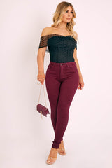 Black Polka Dot Mesh Bardot Bodysuit - Sallie-Bodysuits