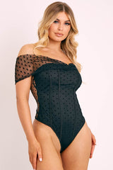 Black Polka Dot Mesh Bardot Bodysuit - Sallie-Bodysuits
