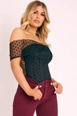 Black Polka Dot Mesh Bardot Bodysuit - Sallie-Bodysuits