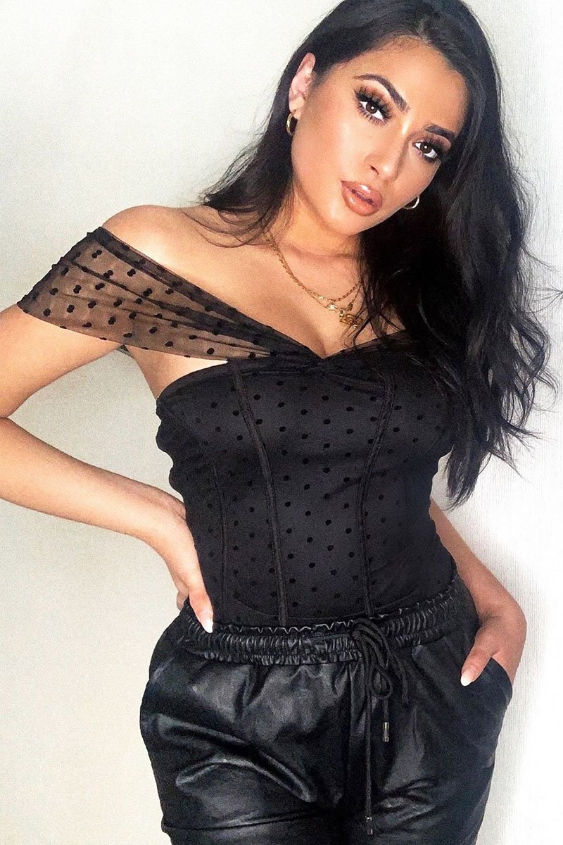 Black Polka Dot Mesh Bardot Bodysuit - Sallie-Bodysuits