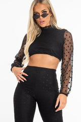 Black Polka Dot Mesh Crop Top Leggings Co-Ord - Sofia-Co-ords