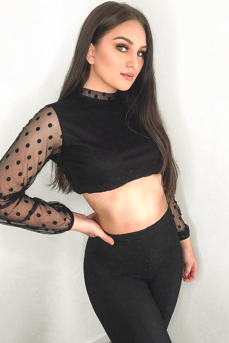 Black Polka Dot Mesh Crop Top Leggings Co-Ord - Sofia-Co-ords