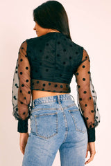 Black Polka Dot Mesh Front Fastening Crop Top - Kacy-Crop Tops