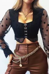 Black Polka Dot Mesh Front Fastening Crop Top - Kacy-Crop Tops