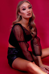 Black Polka Dot Organza Sleeve Crop Top - Bianca-Crop Tops