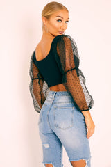 Black Polka Dot Organza Sleeve Crop Top - Bianca-Crop Tops