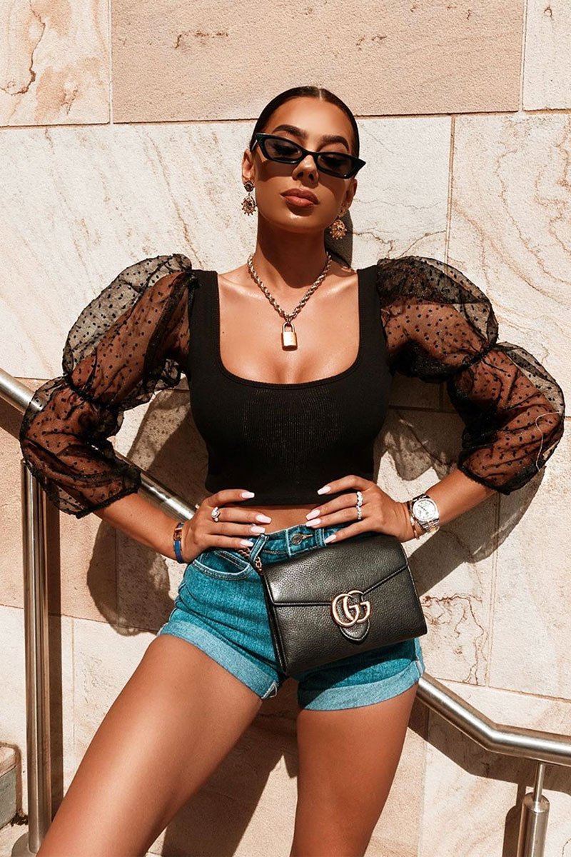 Black Polka Dot Organza Sleeve Crop Top - Bianca-Crop Tops