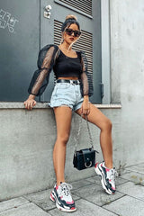 Black Polka Dot Organza Sleeve Crop Top - Bianca-Crop Tops