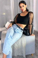 Black Polka Dot Organza Sleeve Crop Top - Bianca-Crop Tops