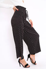 Black Polka Dot Paper Bag Waist Wide Legged Pleated Trousers - Louise-Trousers
