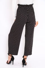 Black Polka Dot Paper Bag Waist Wide Legged Pleated Trousers - Louise-Trousers