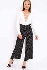 Black Polka Dot Paper Bag Waist Wide Legged Pleated Trousers - Louise-Trousers