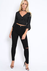 Black Polka Dot Plunge Bell Sleeve Crop Top - Merla-Crop Tops