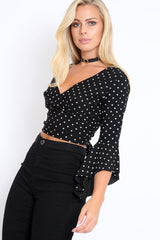 Black Polka Dot Plunge Bell Sleeve Crop Top - Merla-Crop Tops