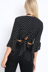 Black Polka Dot Plunge Bell Sleeve Crop Top - Merla-Crop Tops