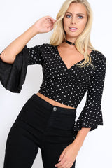 Black Polka Dot Plunge Bell Sleeve Crop Top - Merla-Crop Tops