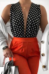 Black Polka Dot Plunge Cross Back Bodysuit - Nadiyah-Bodysuits