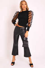 Black Polka Dot Puff Sleeve Ribbed Top - Irisa-Tops