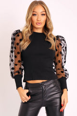 Black Polka Dot Puff Sleeve Ribbed Top - Irisa-Tops